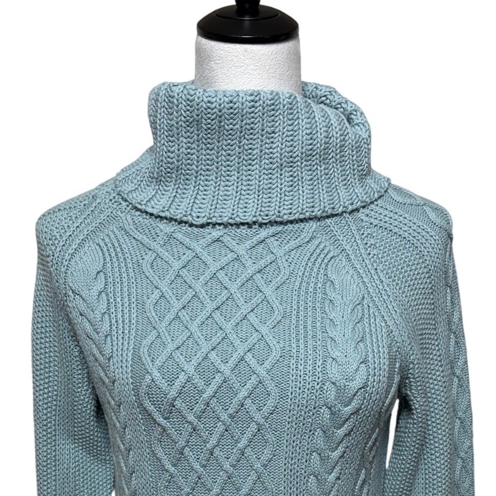 Talbots Sweater Medium Petite Blue Cable Knit Wool Cashmere‎ Blend Turtleneck
